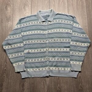 Vintage 1990s Knit Collared Button Sweater Jumper Blue Aztec Boho Grandma Medium